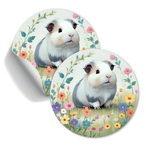 Aufkleber kleines Baby Meerschweinchen auf der Blumenwiese, Papiersticker 30mm, 40mm 60mm, Geschenkaufkleber