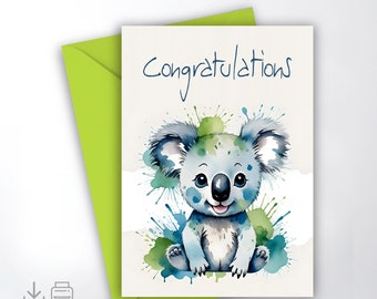 Printable greeting card, folded card with a litte koala baer, Glückskind, Good Luck, watercolor design, 5x7 inch, 4x6 inch format included