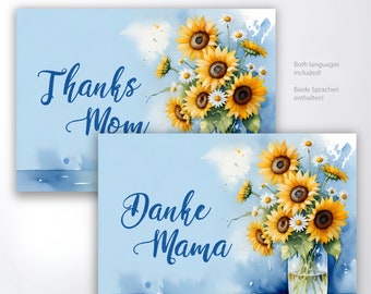 Printable greeting card, Happy Mothers Day with Sunflowers design, 5x7 inch, 4x6 inch format included