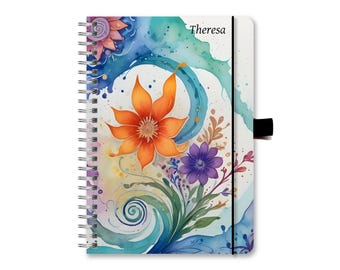 Notebook A5, journal diary with personalized cover with your own name, fantasy flowers colorful