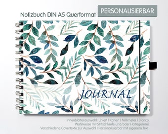 Journal Notizbuch A5, Tagebuch, personalisierbar, Vintage Blättedesign Blau und Grüntöne