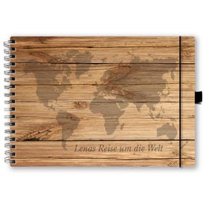 Reisejournal A5 Weltkarte auf Holz Design, DIN A5, personalisierbar, wählbar mit Stifthalterung und Haltegummi