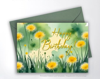 Printable greeting card, folded card dandelion, Happy Birthday, watercolor design, 5x7 inch, 4x6 inch format included