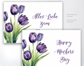 Printable greeting card, Happy Mothers Day with tulip floral design, 5x7 inch, 4x6 inch format included