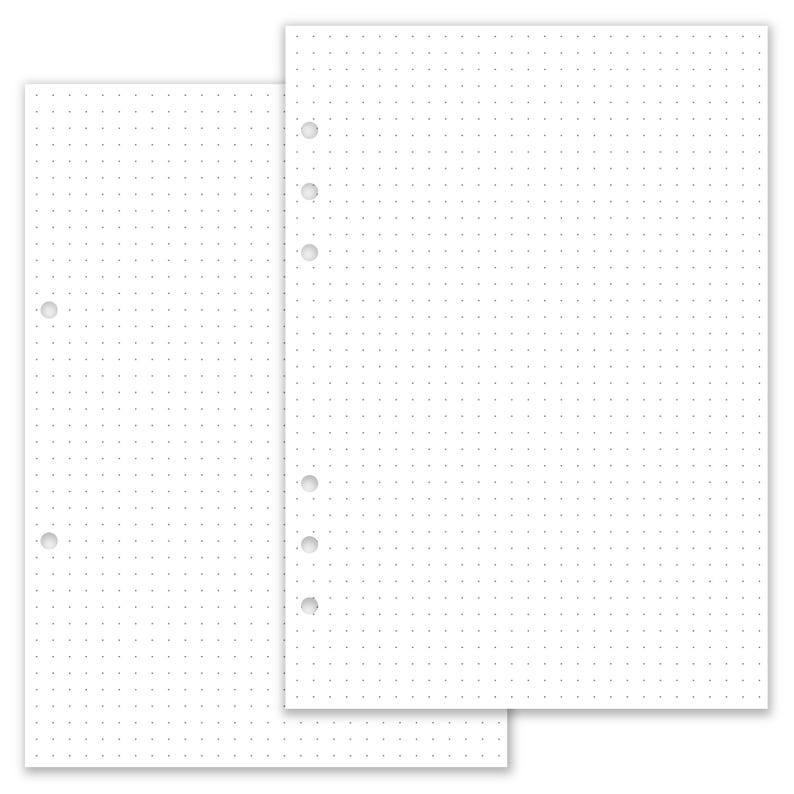 May include: Two white sheets of paper with a grid pattern and holes along the side for a binder. The paper is designed for note-taking and journaling.