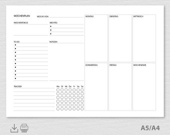 Weekly planner print template A5 and A4 No. 004 landscape, simple and compact with tracker, todo list, notes, weekly focus