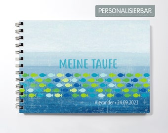 Guest book baptism, communion, confirmation, design with fish on a blue background blue, turquoise, green