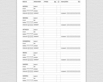 Weekly fitness overview to print out, A5 and A4, weight, BMI, muscle mass, fat measurements, meals, Fit_Week_Essen_006