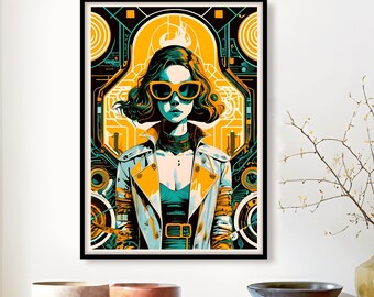 Poster Druck Frau mit Lederjacke und Sonnenbrille Cyberpunk Orange und Schwarz Nr. 122 in verschiedenen Formaten