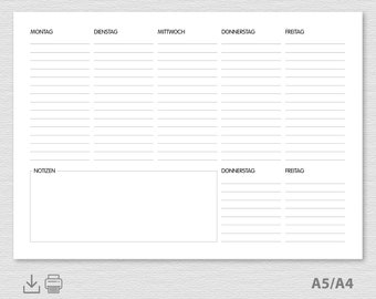 Weekly planner print template A5 and A4 simple layout No. 001 landscape format