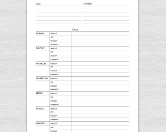 Wekelijks fitnessplan om uit te printen, A5 en A4, gewicht, BMI, spiermassa, vetmetingen, notities, focus en doelen, Fit_Week_Weight_007