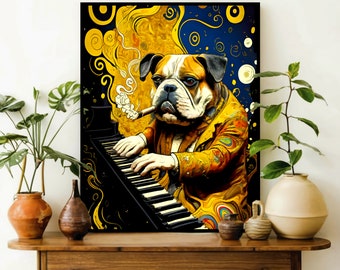 Poster Englische Bulldogge am Klavier, Vintage Style Nr. 150 - in verschiedenen Formaten