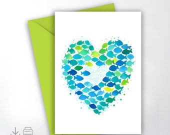 Printable greeting card, folded card christian fish, blue green, 5x7 inch, 4x6 inch format included