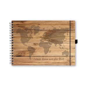 Reisejournal A5 Weltkarte auf Holz Design, DIN A5, personalisierbar, wählbar mit Stifthalterung und Haltegummi