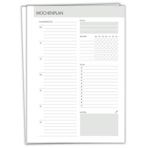 Könnte beinhalten: Ein weißer Wochenplaner mit dem deutschen Text "WOCHENPLAN" oben. Der Planer enthält Abschnitte für jeden Wochentag, einen Fokusbereich, einen Tracker und eine To-Do-Liste. Das Design ist minimalistisch und funktional.