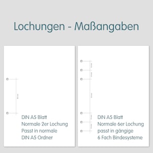 May include: Diagram showing the hole spacing and dimensions for a standard 2-hole and 6-hole DIN A5 paper punch. The text reads "DIN A5 Sheet, Standard 2-hole Punch, Fits in standard DIN A5 binders" and "DIN A5 Sheet, Standard 6-hole Punch, Fits in common 6-ring binders".