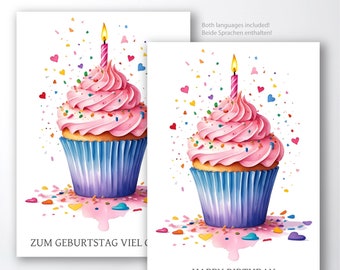 Printable greeting card, folded card with ballons, Happy Birthday, watercolor design, 5x7 inch, 4x6 inch format included