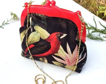 Scarlet Tanager Velvet clutch, Small evening Bag, unusual Hand bag with red frame and gold chain