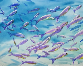 Pintura original de acuarela de peces submarinos. Gran obra de arte de la vida oceánica (22 x 15). Hermosos peces tropicales.