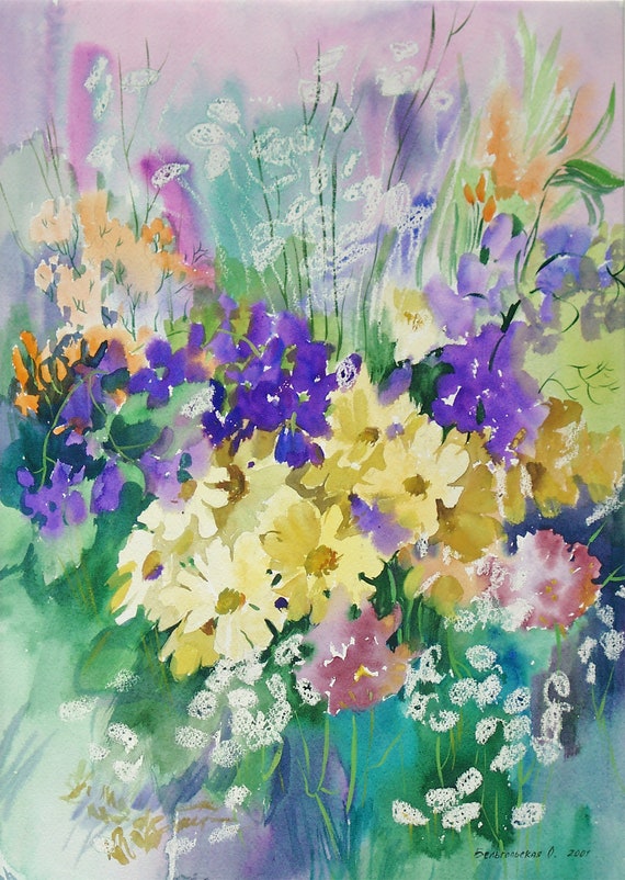 紫色の花の水彩画 19x13 オリジナルアートワーク カラフルな花の