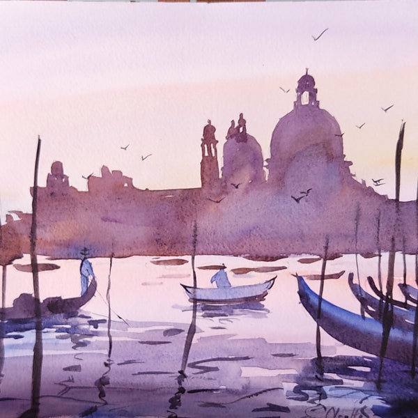 Peinture originale à l'aquarelle de Venise, coucher de soleil 9x7" sur Venise Italie, fait à la main, reflet des gondoles du grand canal, paysage urbain brumeux