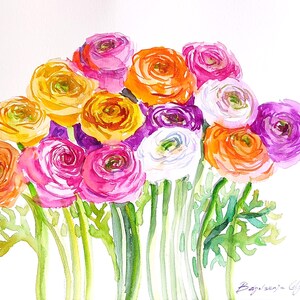 Ranunculus Original watercolor painting pink flowers hand-painted 16x12" botanical illustration mom gift home decor