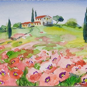 May include: Watercolor painting of a Tuscan landscape. The artwork depicts a field of red poppies with purple centers in the foreground, a green hillside, and a building with a red roof. Tall, dark green cypress trees are visible.