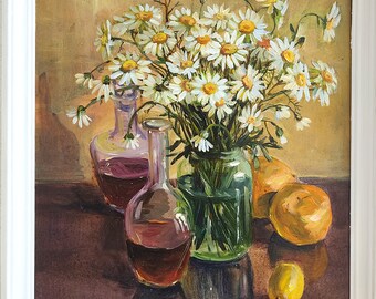 Still Life Floral Vase  White Daisy flowers Framed Original Oil Painting Framed orange, wine carafes vintage classical paint 16x20inc