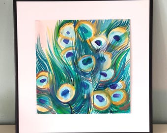 Pintura original de acuarela con pluma de pavo real, pintada a mano en verde azulado, 28 x 28 cm, decoración del hogar.