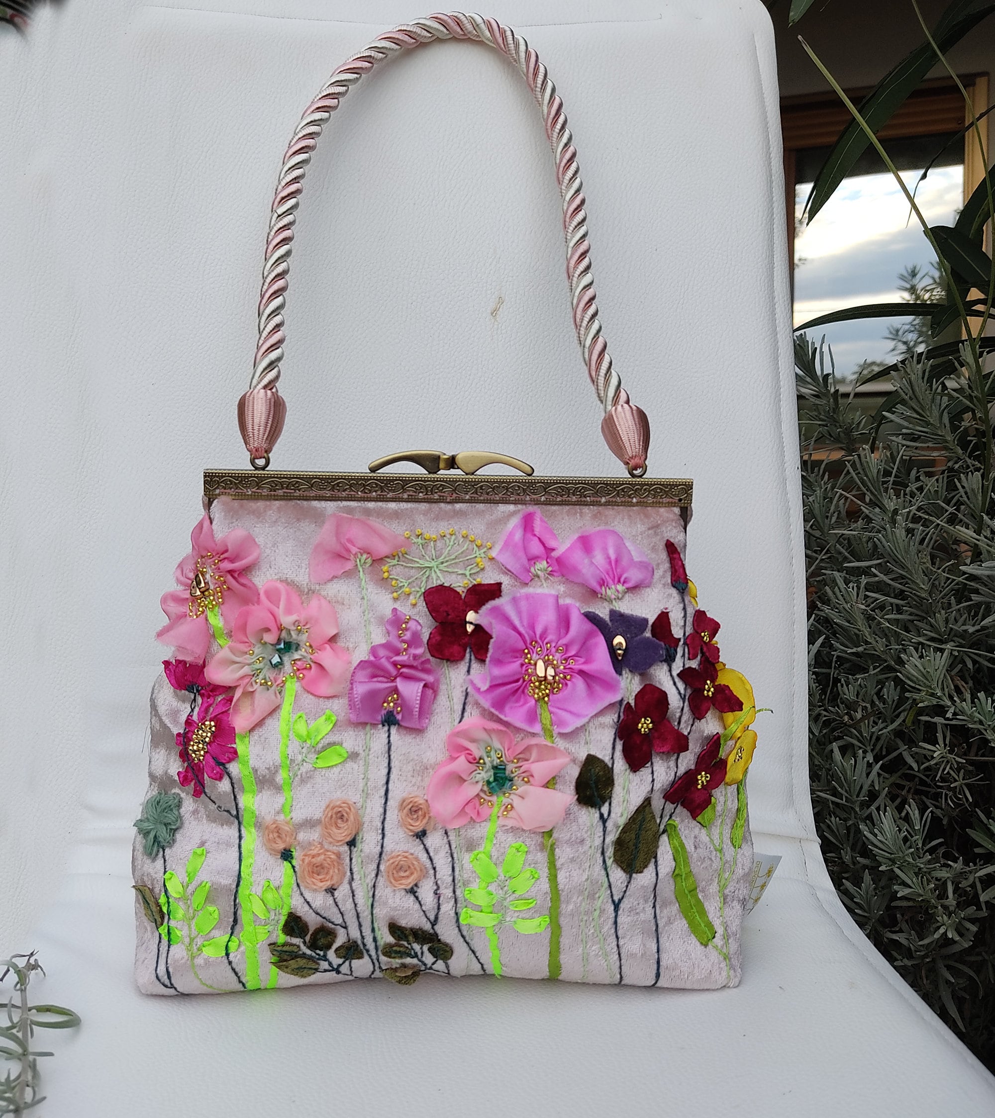 Silk Ribbon Embroidered Pink Velvet Evening Bag Flowers