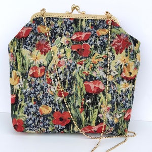 Monet Poppy Field Tapestry Handbag, Gold Chain Kiss Lock Purse