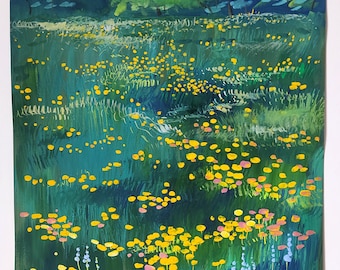 May include: An original acrylic painting of a vibrant meadow filled with yellow and pink wildflowers. The artwork features a lush green field with a backdrop of trees and a blue sky. The artist's signature and the year 2025 are visible in the bottom right corner.