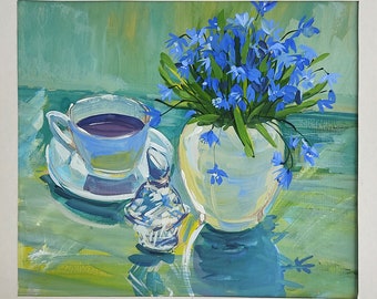 Original Gouache painting still life with a cup of tea and a bouquet of spring flowers Mother day gift idea