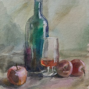 Flasche Glas Äpfel Stillleben Aquarell, original Malerei Vintage Kunstwerk fine art 90er Jahre Küche wertvolles Geschenk für Mama Vintage-Gemälde