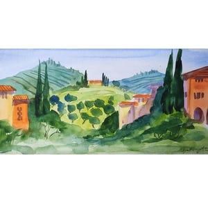 Tuscany Original Watercolour Italian Landscape 16x8" Painting Landscape Italy Landscape Scenic home decor gift idea