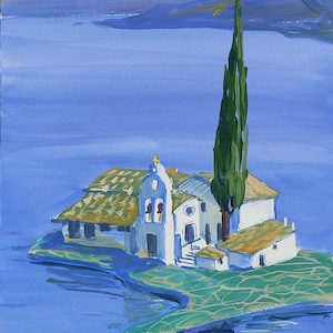 Corfu Greece island Gouache Original Signed Painting 12 x 16&quot;  wall hanging wall art decor, living room