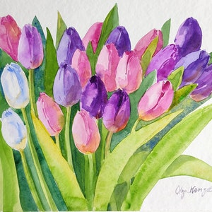 Pink Purple Tulips Original Watercolour art painting 14 x 11&quot; Botanical illustration floral living room decor Spring Flowers gift for mom
