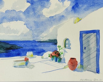 Greek Islands original watercolour painting 11 x 8" Santorini Greece travel fine art Handmade souvenir Travel gift