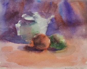 original watercolor painting with a teapot and apples, artwork for the kitchen wall, vintage 90s art