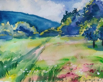夏の草原 オリジナル絵画 風景 水彩画 12x9