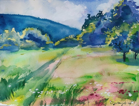 注目 夏の草原 オリジナル絵画 風景 水彩画 12x9 絵画