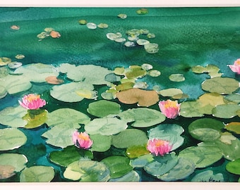 water lilies original painting, watercolour, 12x9" wall art hanging, directly from artist, Monet