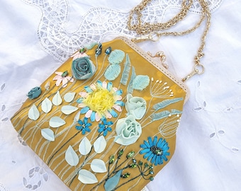 Ribbon embroidery art handmade purse wedding clutch floral handbag flowers Daisy gorgeous Edwardian vintage inspired Occasion bag yellow tea