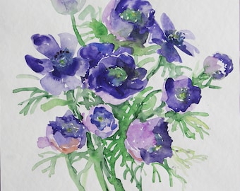 紫のアネモネの水彩画：花のアートプリント - Etsy 日本