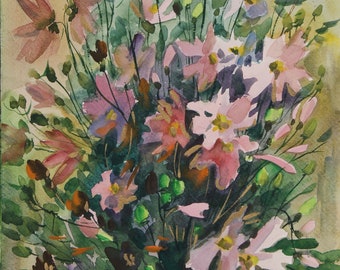 Cosmos Flower Watercolor Painting: Botanical Art, Original Floral Illustration (12x16")