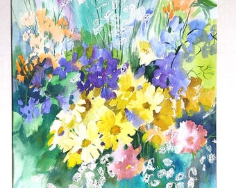 水彩画 アート 花の絵 紫色の花の水彩画 19x13 オリジナルアートワーク カラフルな花のアート