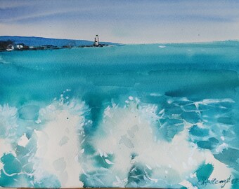 Sea Landscape original watercolor painting, sea waves 12x9" gift for sea lovers, nautical wall art decor