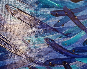 キャンバスに描かれた青い魚の油絵 現代の藍の絵画 大きな芸術