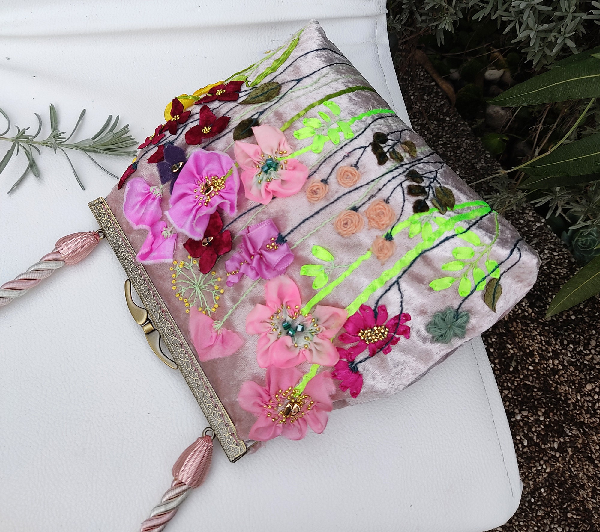 Silk Ribbon Embroidered Pink Velvet Evening Bag Flowers