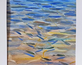 Original Watercolor Fish Painting, Water Reflection Art (20x14" )